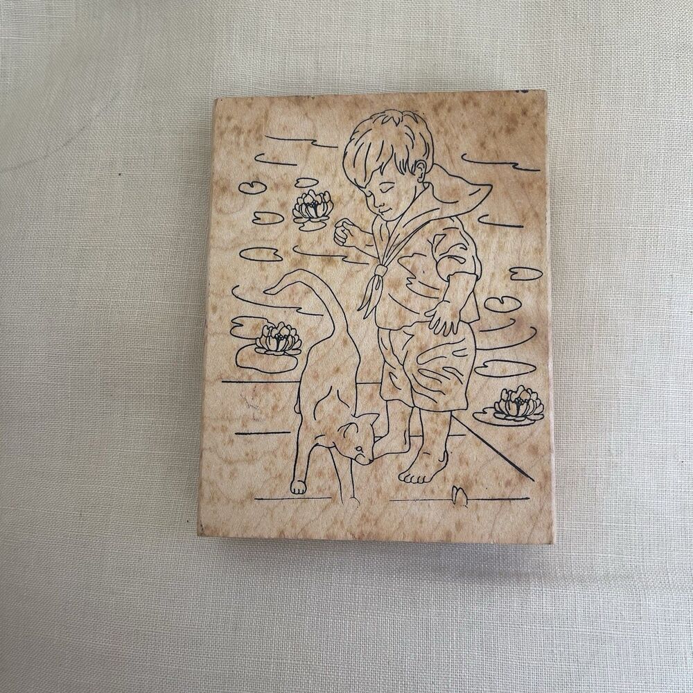 Stamps Happen Boy Toddler In Navy Costume With Cat wood mount rubber stamp 80054